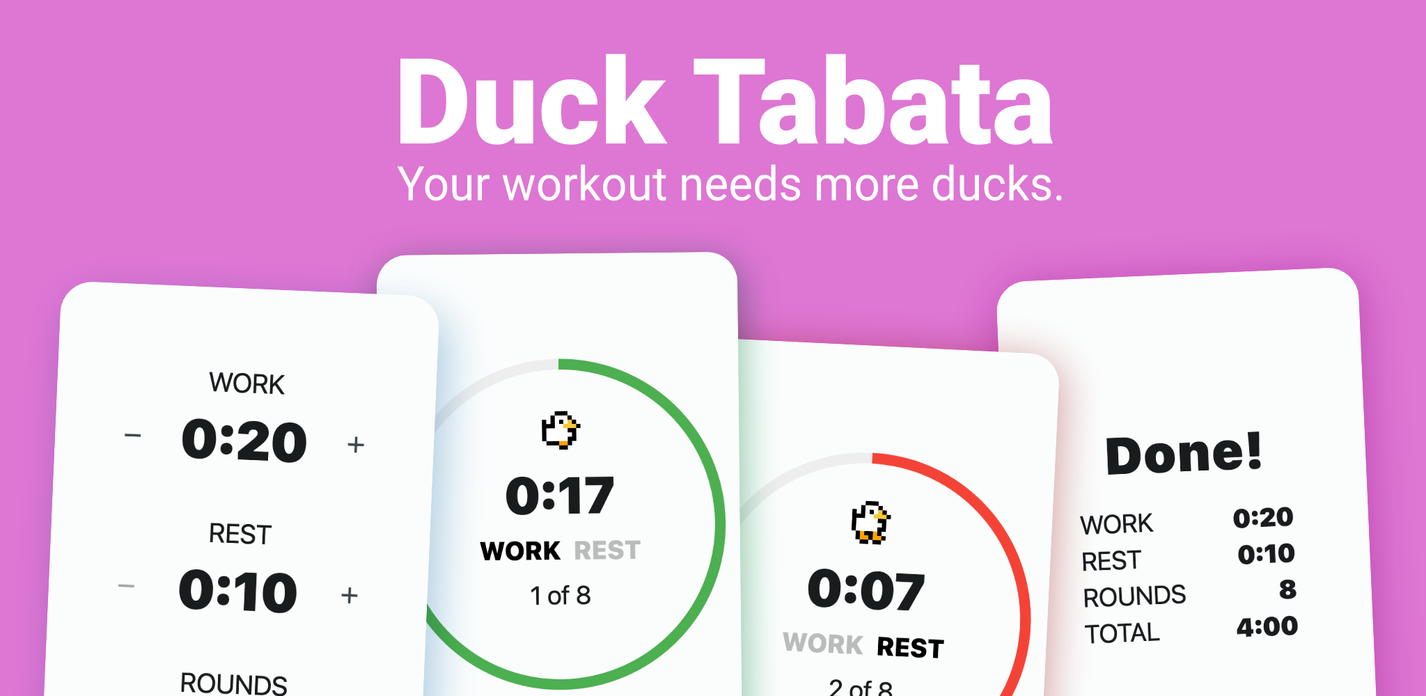 A collage of screenshots under the text 'Duck Tabata: Your workout needs more ducks'.